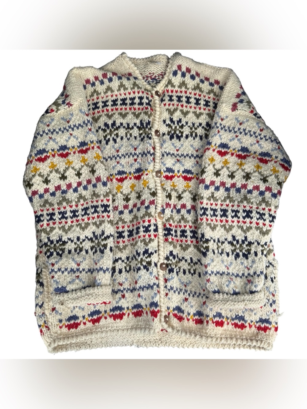 Over The Rainbow Wool Knit Cardigan Sweater Colorful with Pockets Large